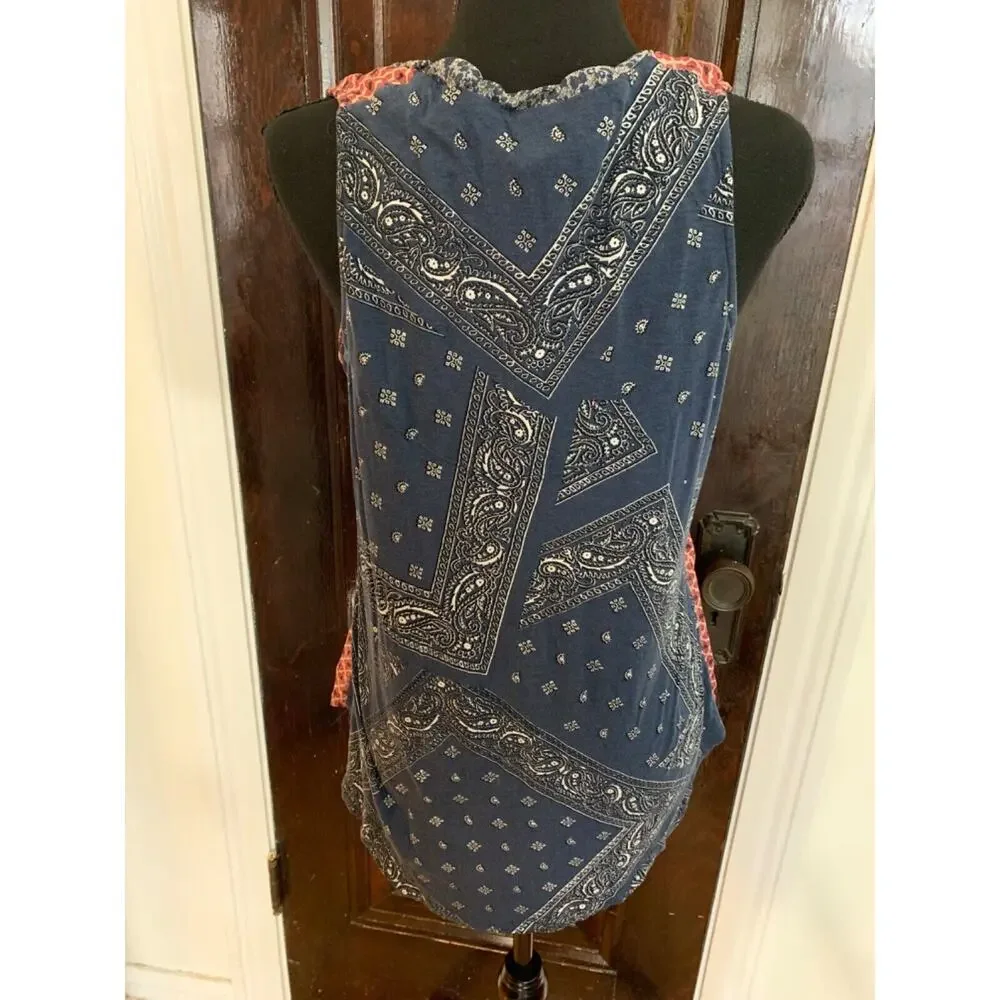 Anthropologie One September Sz M Red & Blue Boho Bandana Tank Blouse Top Shirt M - Picture 6 of 7